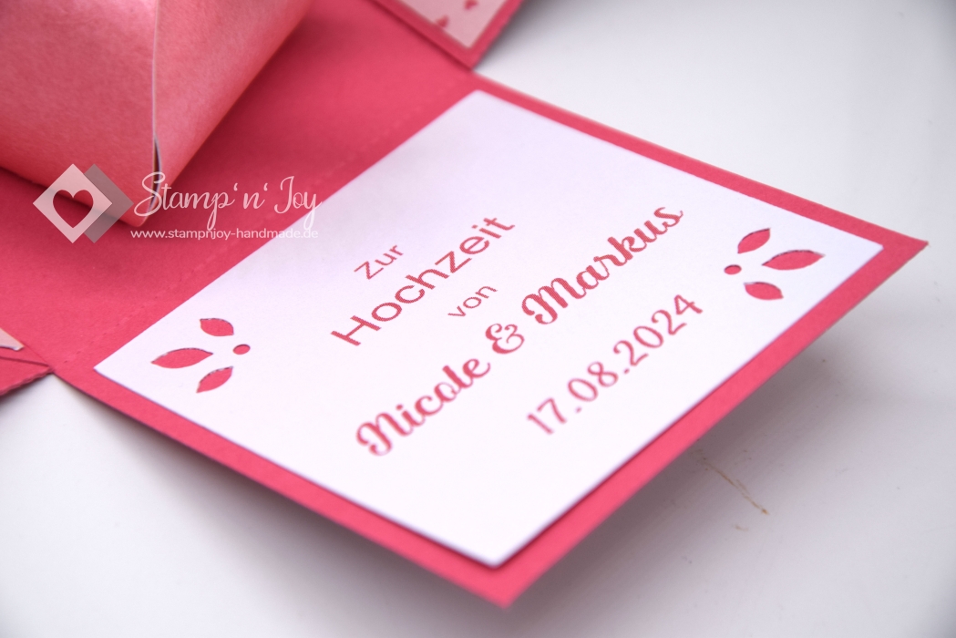 Explosionsbox Hochzeit ca. 7x7x7cm personalisierbar | Geldgeschenk | Zierschachtel | Motiv: Herzen, floral | fuchsia rosa weiß | Art. Nr. 03020306